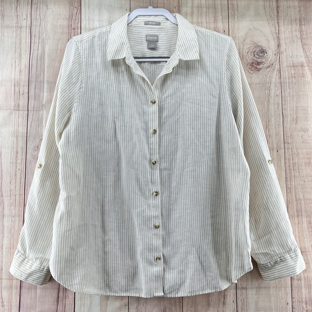 Chico's‎ 2 100%Linen Button Up Shirt White Tan Pinstripe Stripe Coastal Grandma
